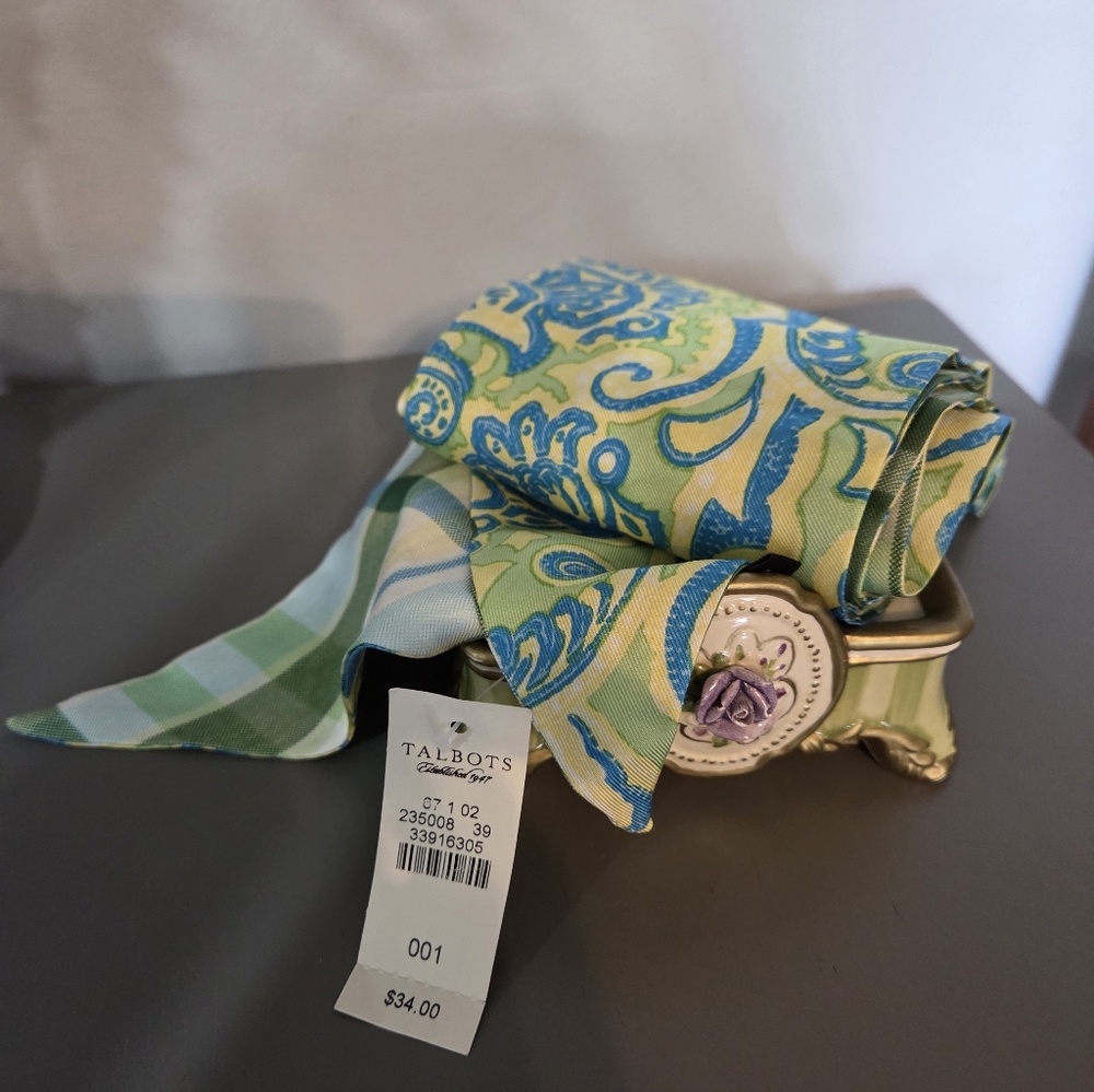 Talbots Blue and Lime Green Paisley Silk Scarf NWT